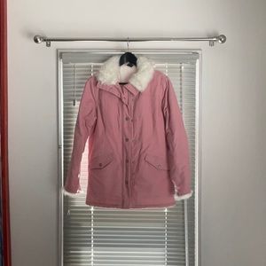 Warm winter coat in dusty pink corduroy.